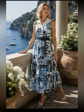 NewElie Tahari Sleeveless White Maxi Dress with Blue Black Cityscape Print size8